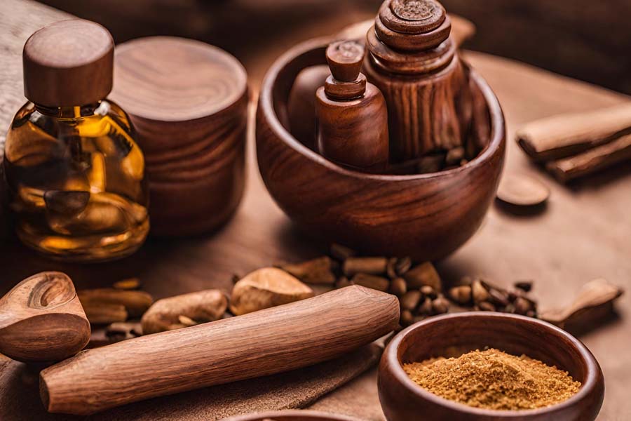 A table with sandalwood products: oils and wood